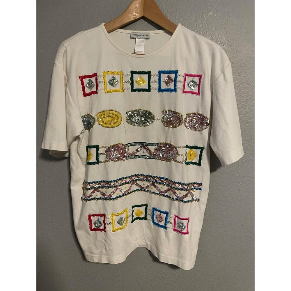 Vintage Accessory Lady Top Womens Small White Sequin Geometric Artsy 80s READ